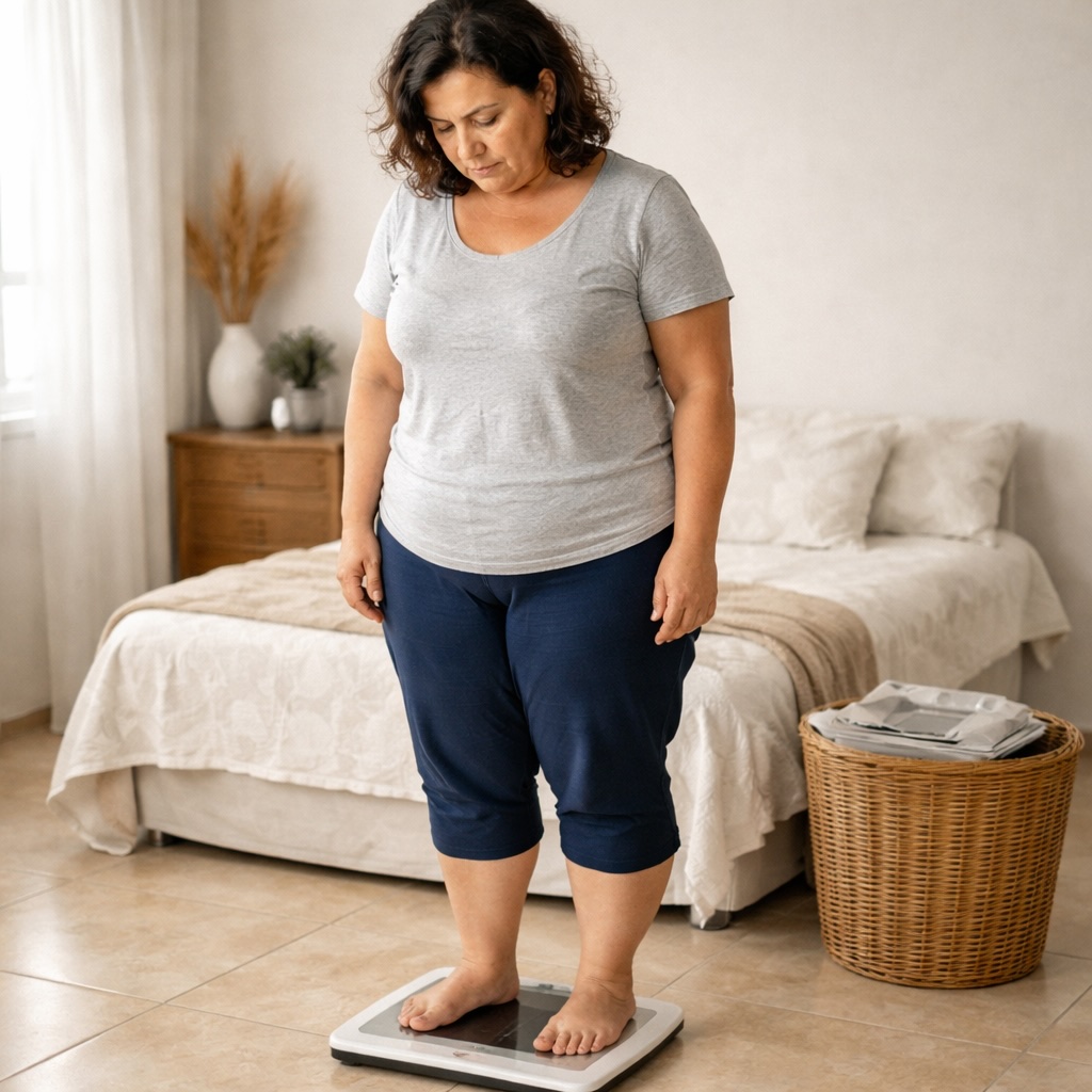 Mujer de mediana edad, con sobrepeso ligero, de pie sobre una báscula en casa, mirando hacia abajo con gesto de resignación y determinación.