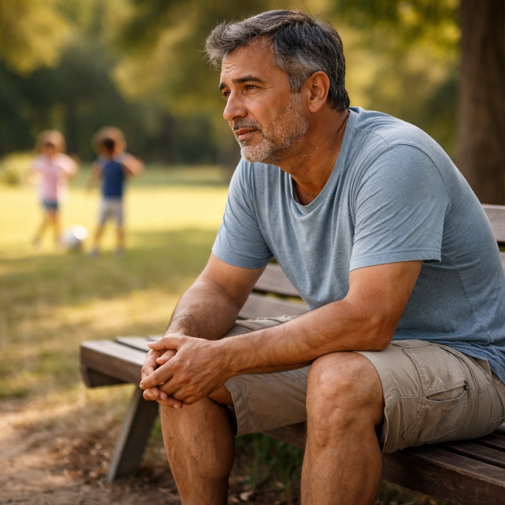 Hombre de unos 50 años sentado en un banco del parque, algo cansado, mirando a sus nietos jugar a lo lejos.
