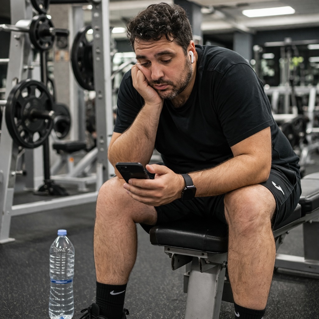 Hombre de finales de los 30 sentado en un banco de pesas en un gimnasio, aburrido y mirando el móvil, con máquinas al fondo.