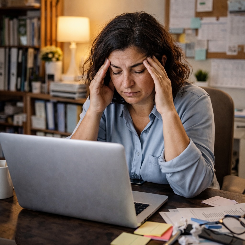 Mujer de finales de los 30 sentada en un escritorio de casa, visiblemente estresada, con las manos en las sienes y un portátil abierto delante.